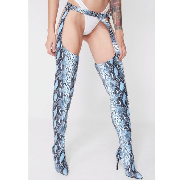 Dolls Kill Shoes - Azalea Wang Westloop Snakeskin Thighigh Chap Boots